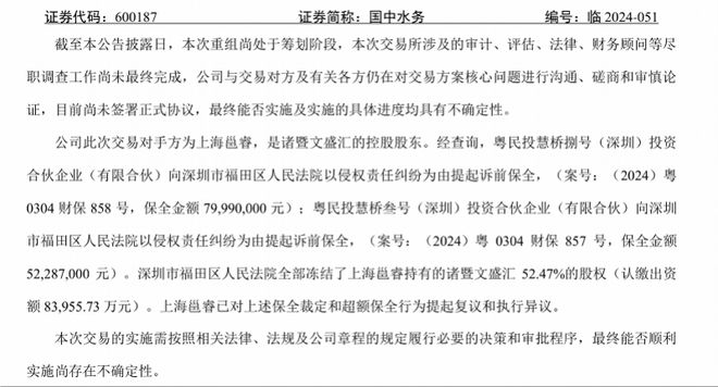 国中水务收购汇源再遇变数！出售方上海邕睿被法院冻结股权