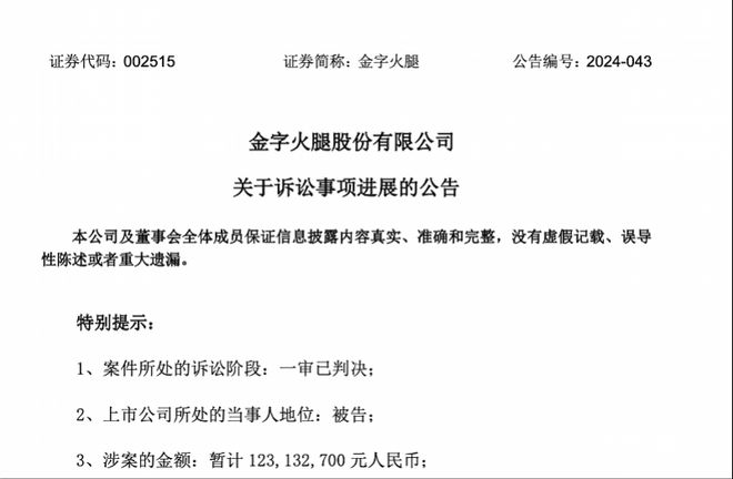 跨界健康产业后被起诉，涉1.2亿元！金字火腿：起诉被驳回