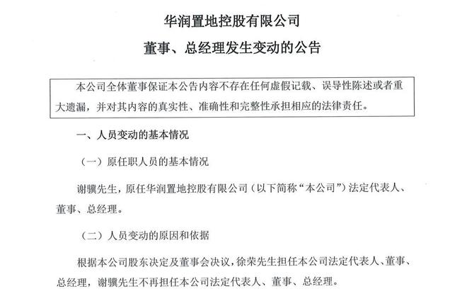 华润置地控股总经理谢骥卸任，55岁徐荣接棒