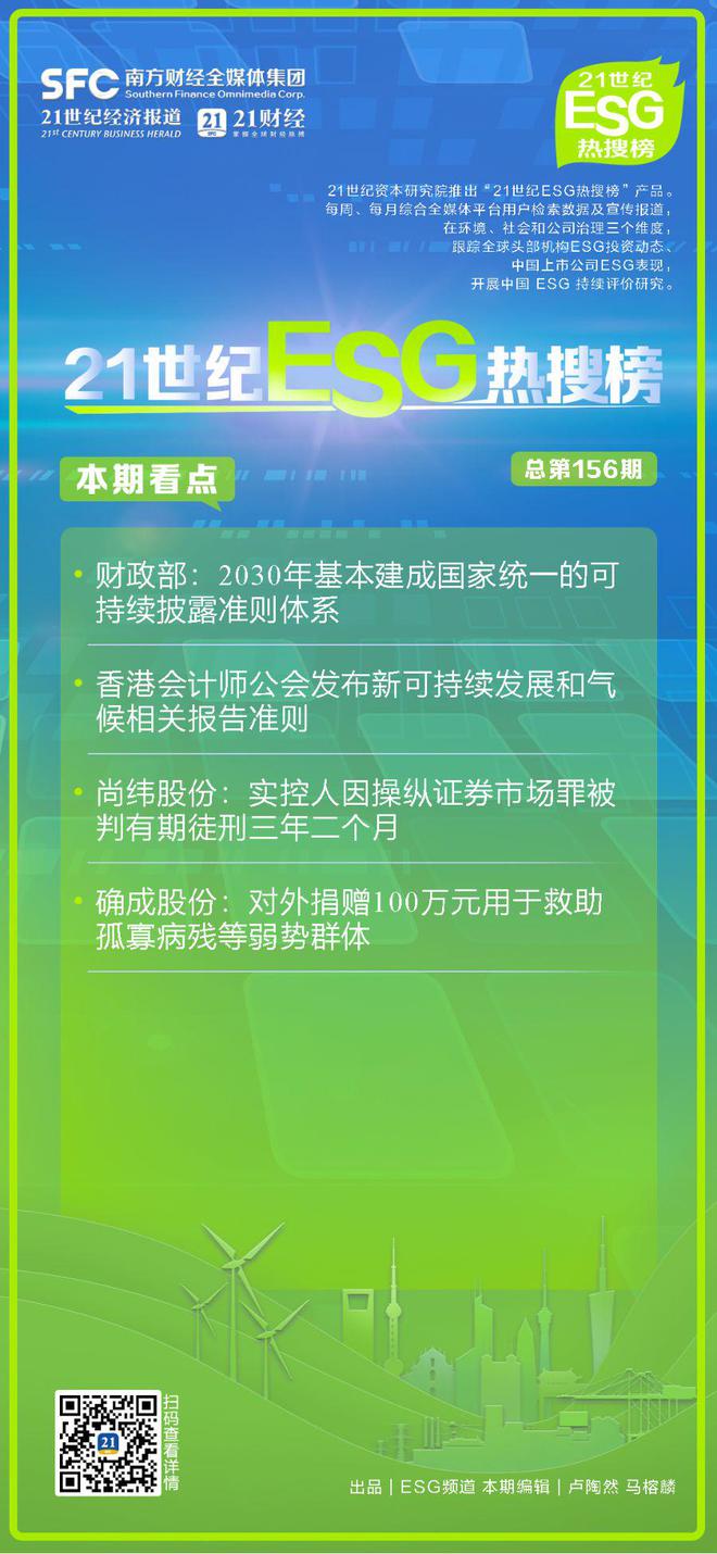 21世纪ESG热搜榜（第156期）丨财政部：2030年基本建成国家统一的可持续披露准则体系；尚纬股实控人因操纵证券市场罪被判刑