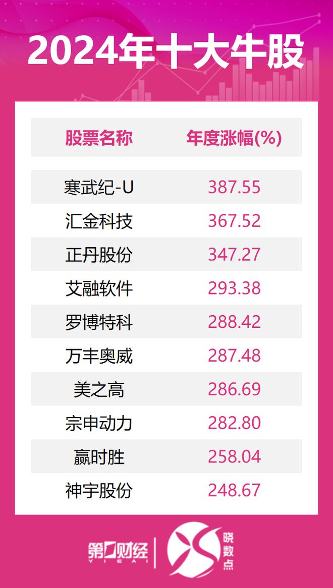 晓数点丨2024年十大牛股出炉：寒武纪逾387%涨幅问鼎榜首